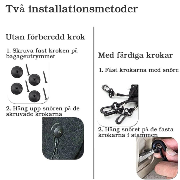 "Svart universell nylon nätväska för bilbagageutrymme, organiserar och håller föremål säkra. Slitstark design."