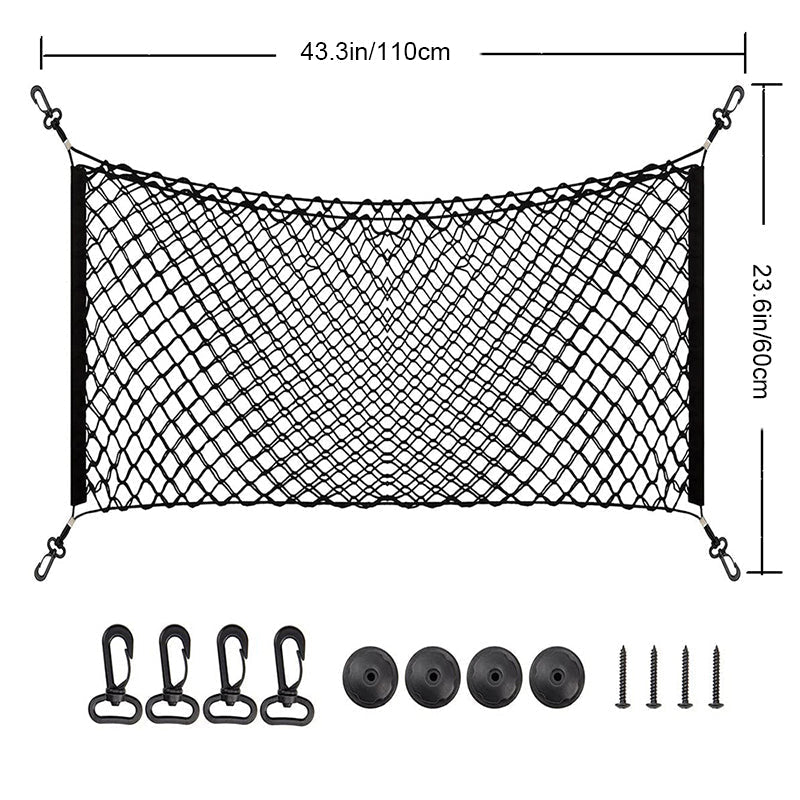"Svart universell nylon nätväska för bilbagageutrymme, organiserar och håller föremål säkra. Slitstark design."