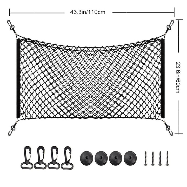 "Svart universell nylon nätväska för bilbagageutrymme, organiserar och håller föremål säkra. Slitstark design."