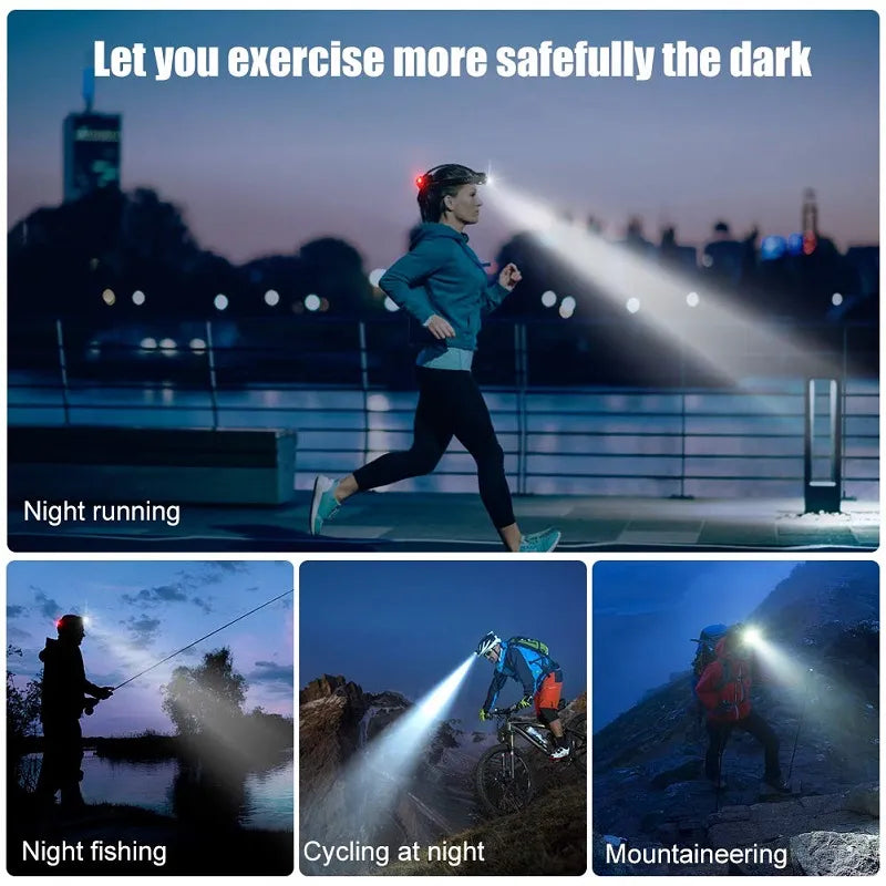Svart LED pannlampa för nattliga äventyr, designad för komfort och maximal synlighet utomhus.