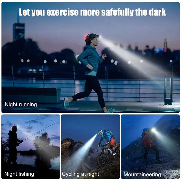 Svart LED pannlampa för nattliga äventyr, designad för komfort och maximal synlighet utomhus.
