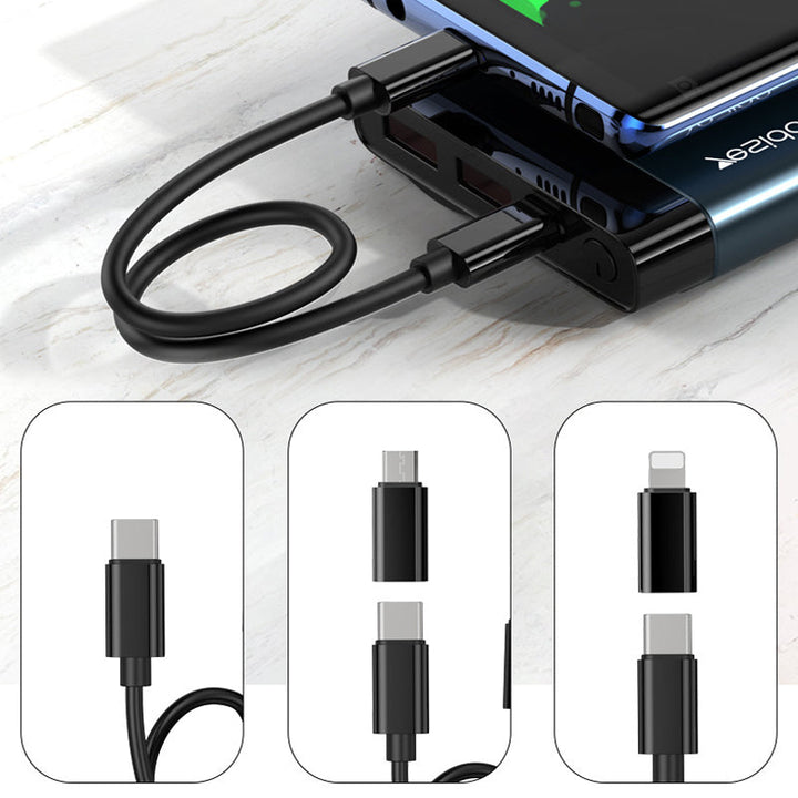 "Svart USB-laddningskabelbox, multifunktionell med olika adaptrar och plats för sim- och minneskort för elektronik."