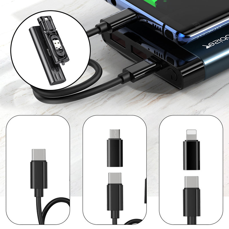 "Svart USB-laddningskabelbox, multifunktionell med olika adaptrar och plats för sim- och minneskort för elektronik."
