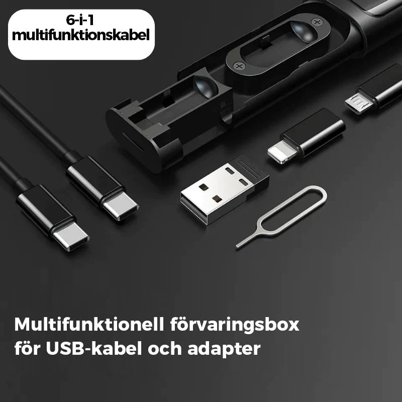 "Svart USB-laddningskabelbox, multifunktionell med olika adaptrar och plats för sim- och minneskort för elektronik."
