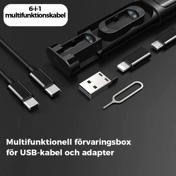 "Svart USB-laddningskabelbox, multifunktionell med olika adaptrar och plats för sim- och minneskort för elektronik."