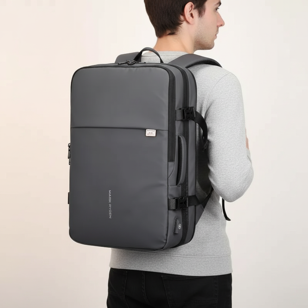 Vattentålig reseryggsäck med laptopfack, i grafitgrå. Utvidgbar funktion gör den perfekt för all packning.