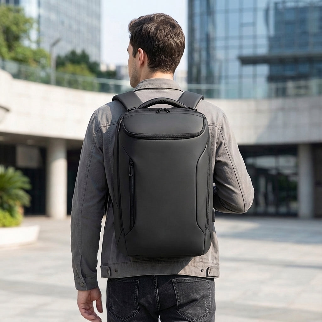 Svart vattentät CarrySure affärsryggsäck med 17-tums laptopfack. Organiserad arbetsväska för pendling & resa.