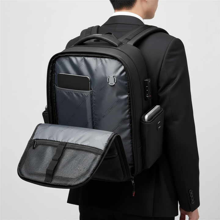 Vattentät ryggsäck skyddar din 17-tums laptop säkert. Perfekt för resa, skola och kontor.