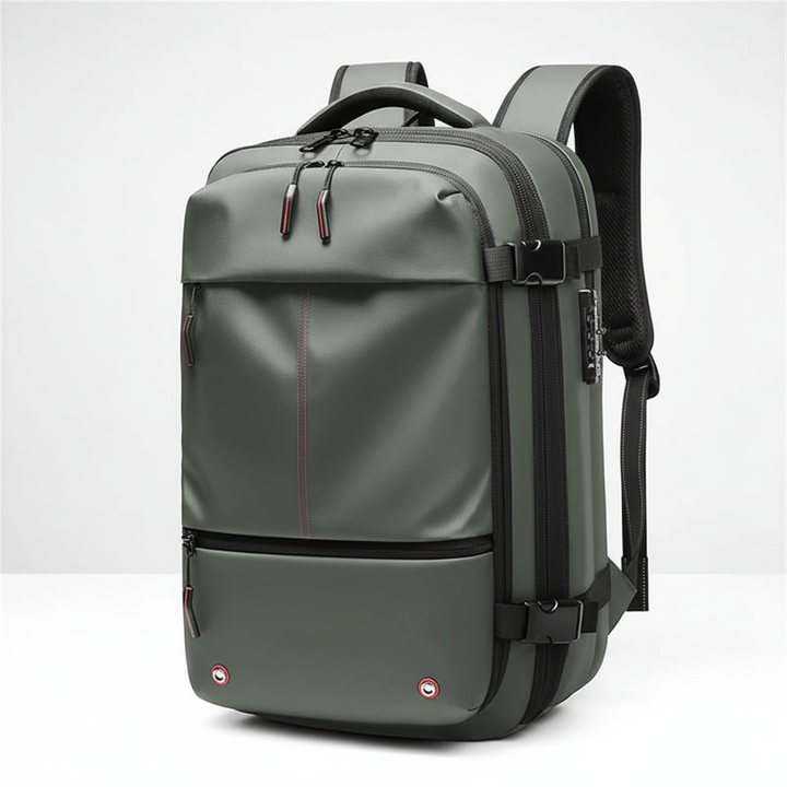 Elegant vattentät ryggsäck för laptop med diskret design och praktiska kompressionsfunktioner.