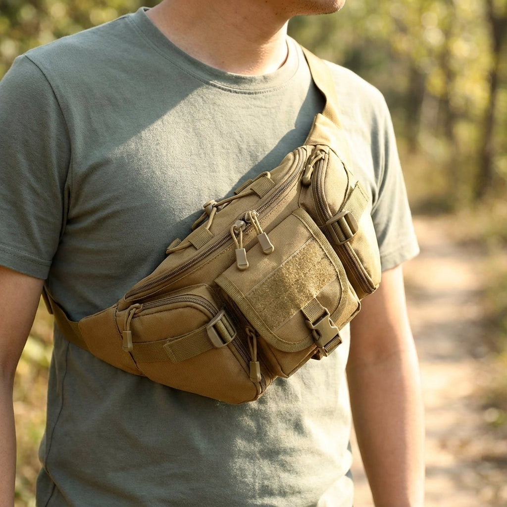 Svart vattentät taktisk midjeväska i nylon för utomhusbruk, vandring och fritid. Robust unisex design.