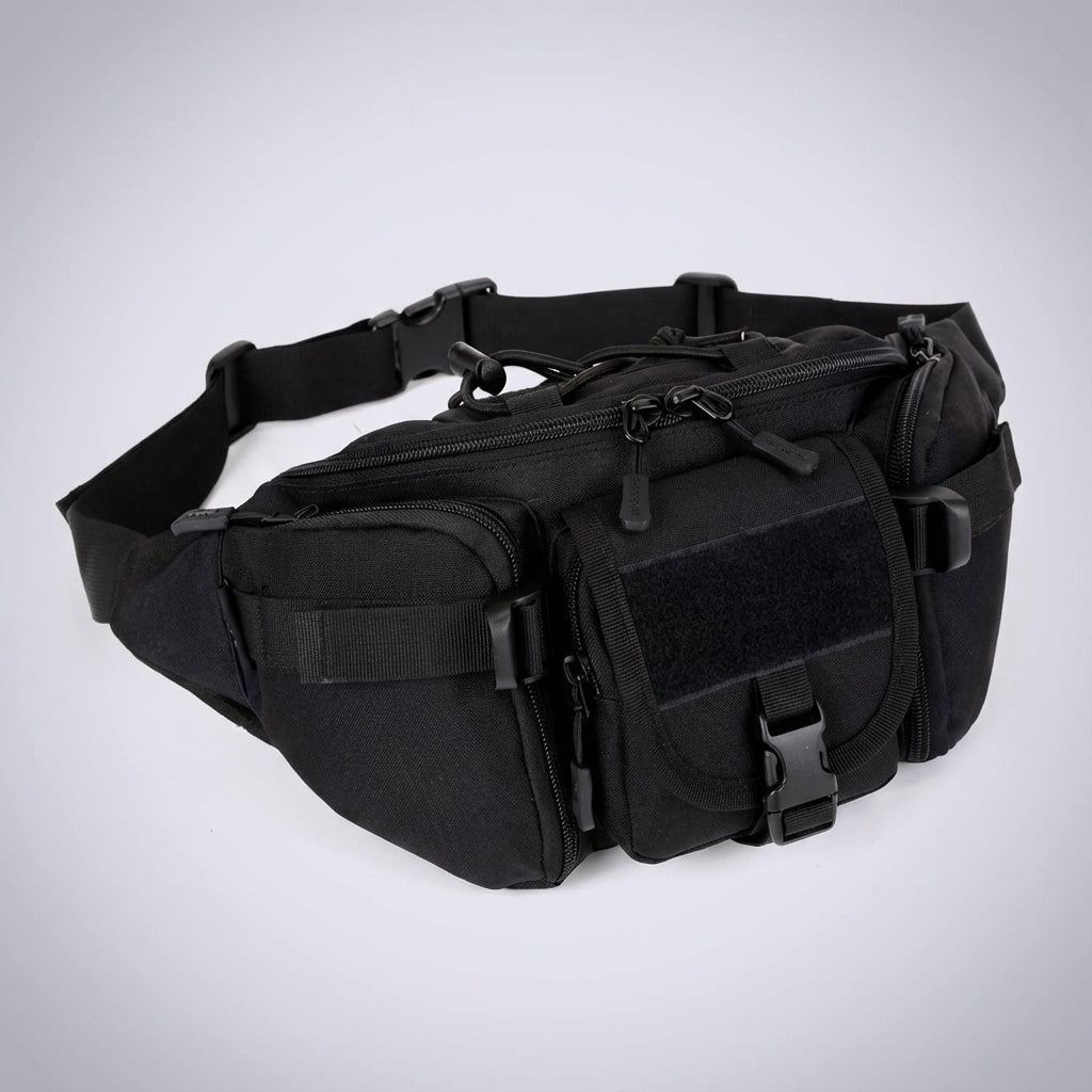 Svart vattentät midjeväska för unisex, idealisk för vandring & fritid. Robust taktisk crossbodyväska i nylon.