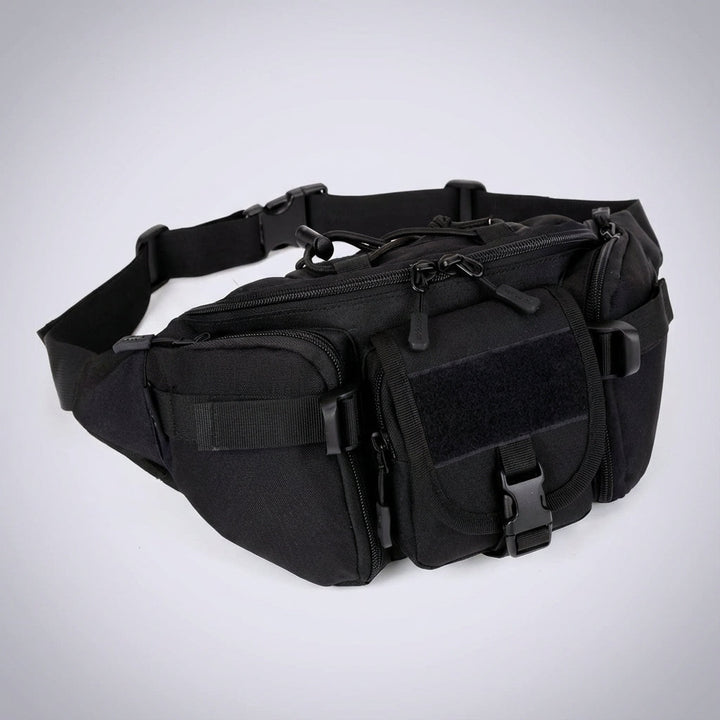 Svart vattentät midjeväska för unisex, idealisk för vandring & fritid. Robust taktisk crossbodyväska i nylon.