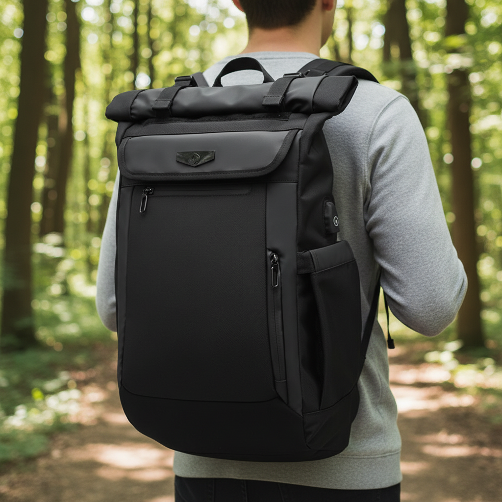 Svart, vattentät unisex reseryggsäck 50L för laptop. Ergonomisk dagryggsäck med smart förvaring för pendling.