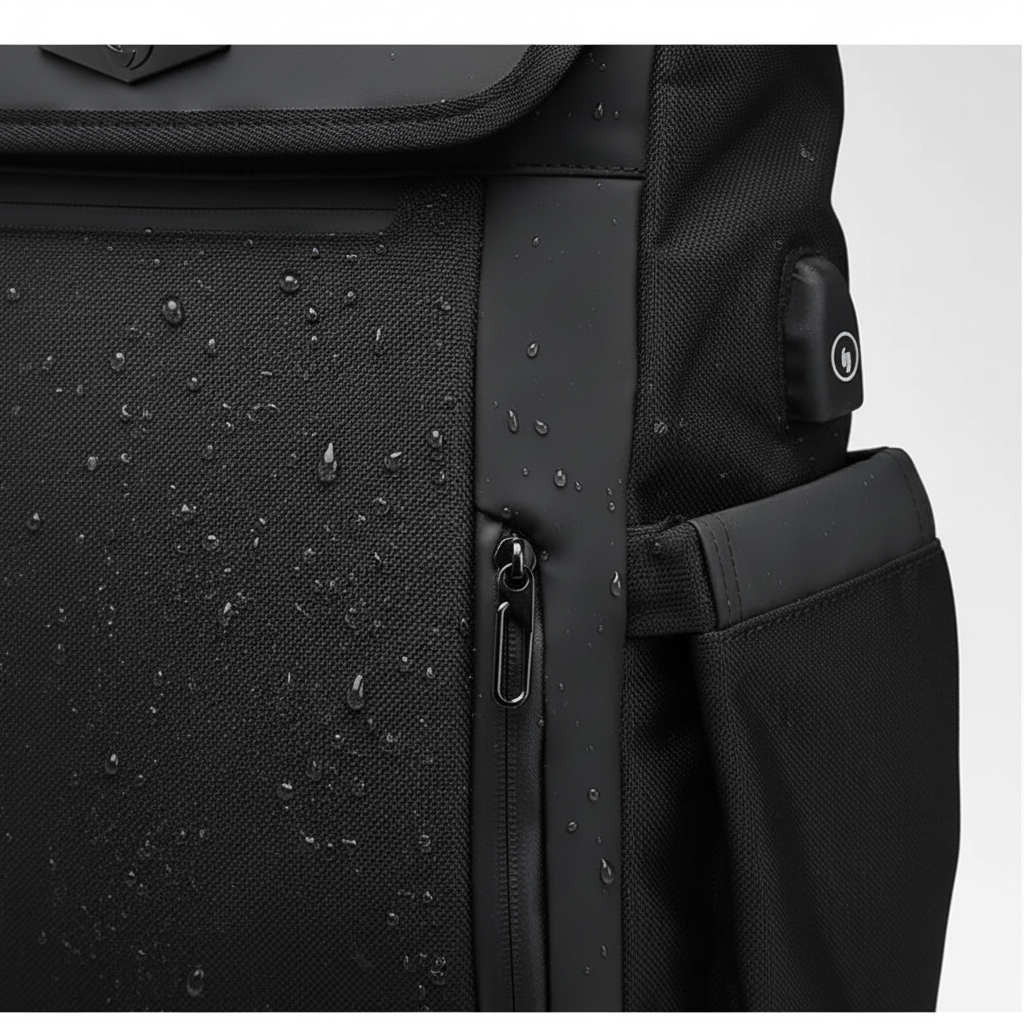 Rymlig, svart 50L vattentät rese- och laptopryggsäck. Ergonomisk design idealisk för resor och dagligt bruk.