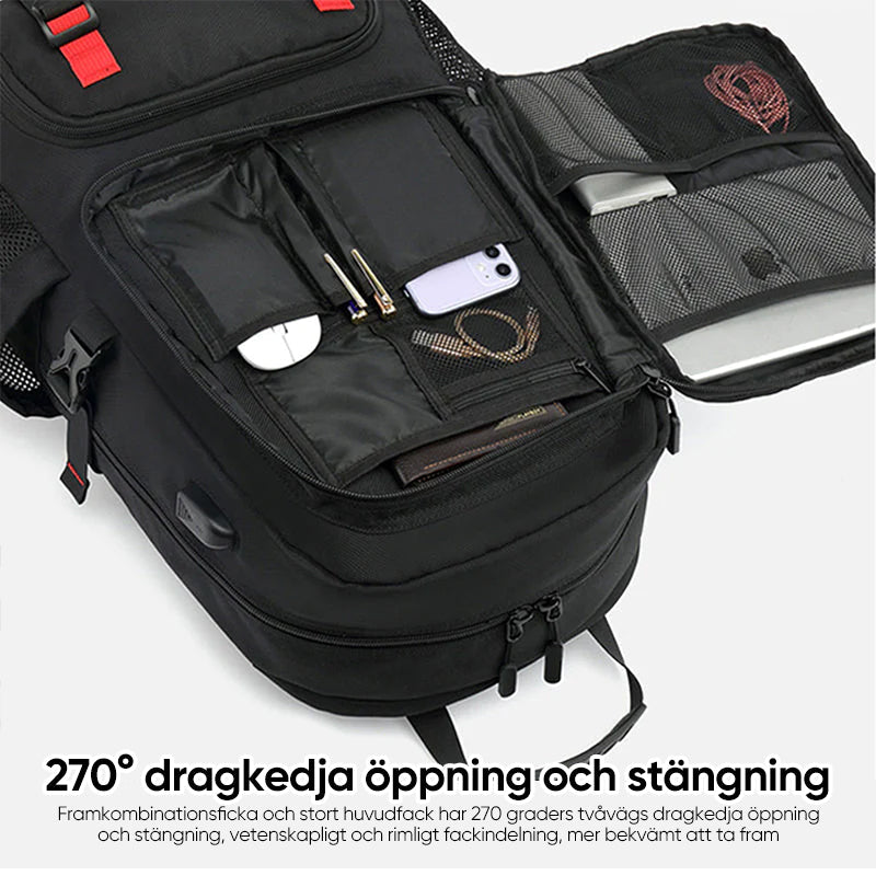 "Svart vattentät reseryggsäck med USB-port, stor kapacitet för 17,3-tums dator, ergonomisk och stöldskyddad."