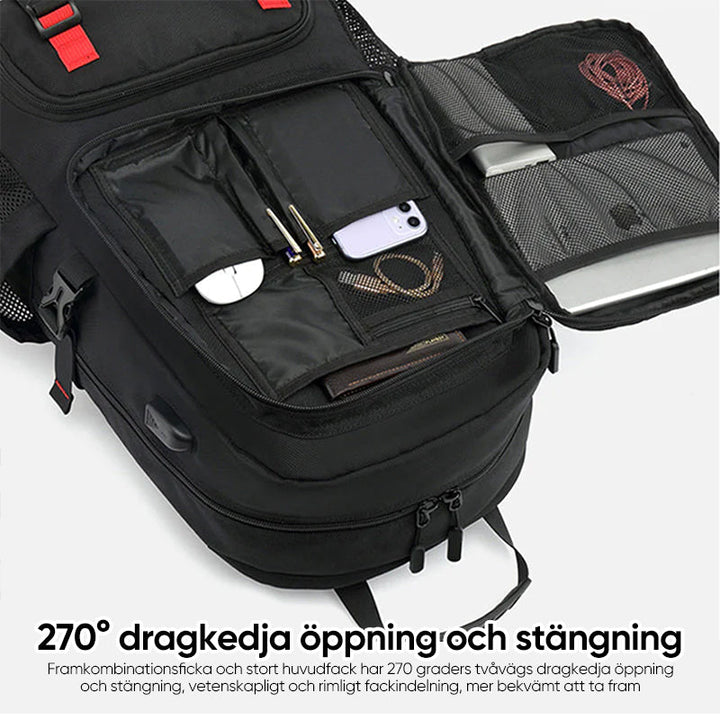 "Svart vattentät reseryggsäck med USB-port, stor kapacitet för 17,3-tums dator, ergonomisk och stöldskyddad."