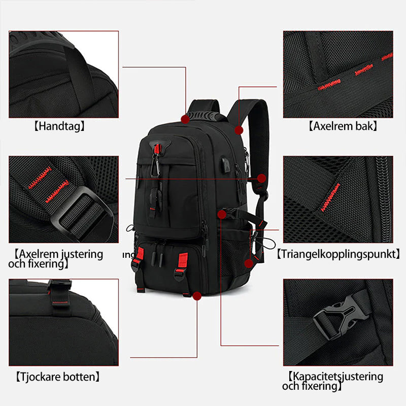 "Svart vattentät reseryggsäck med USB-port, stor kapacitet för 17,3-tums dator, ergonomisk och stöldskyddad."