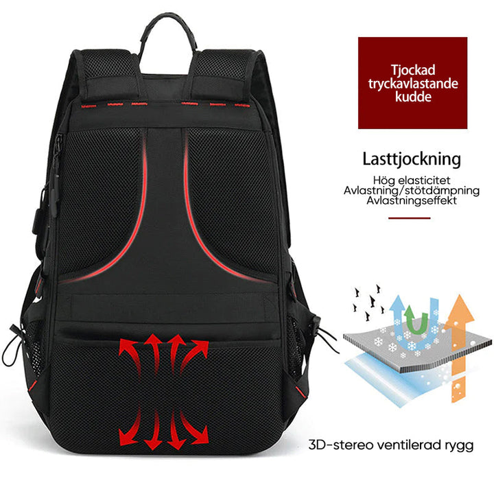 "Svart vattentät reseryggsäck med USB-port, stor kapacitet för 17,3-tums dator, ergonomisk och stöldskyddad."