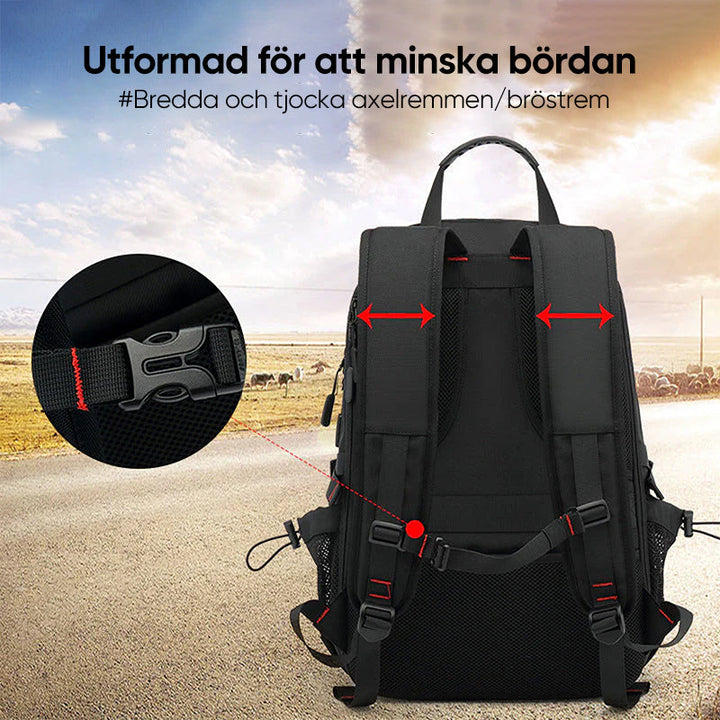 "Svart vattentät reseryggsäck med USB-port, stor kapacitet för 17,3-tums dator, ergonomisk och stöldskyddad."