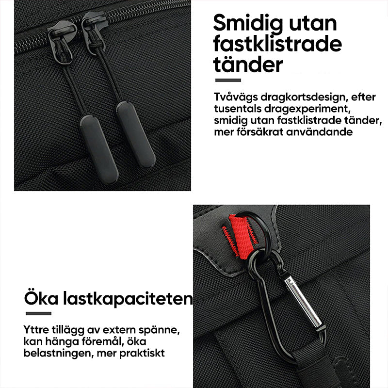 "Svart vattentät reseryggsäck med USB-port, stor kapacitet för 17,3-tums dator, ergonomisk och stöldskyddad."
