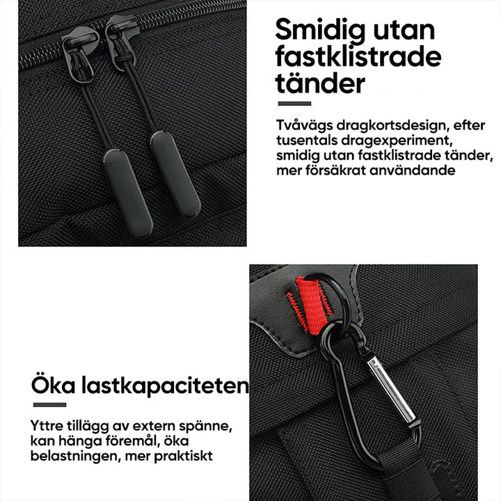 "Svart vattentät reseryggsäck med USB-port, stor kapacitet för 17,3-tums dator, ergonomisk och stöldskyddad."