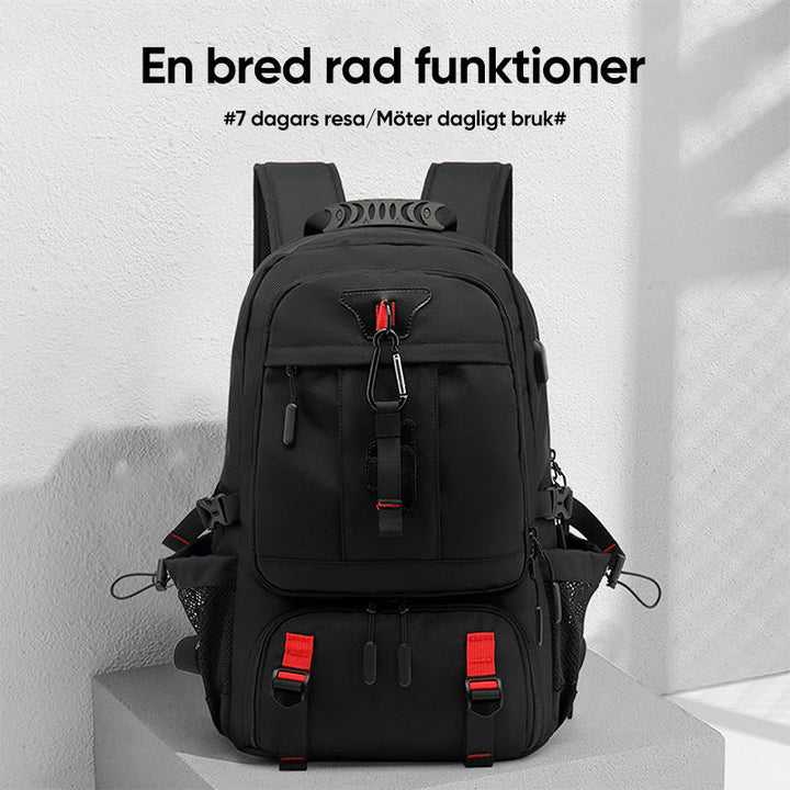 "Svart vattentät reseryggsäck med USB-port, stor kapacitet för 17,3-tums dator, ergonomisk och stöldskyddad."