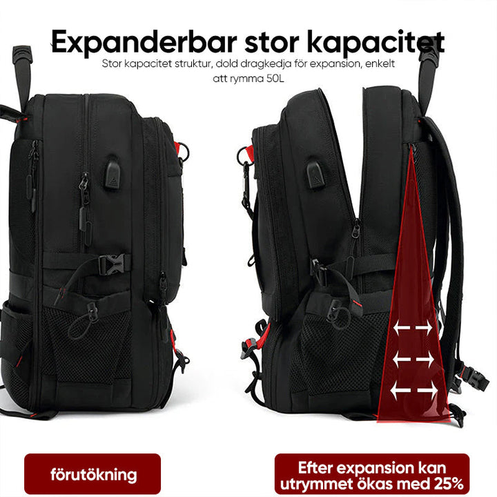 "Svart vattentät reseryggsäck med USB-port, stor kapacitet för 17,3-tums dator, ergonomisk och stöldskyddad."