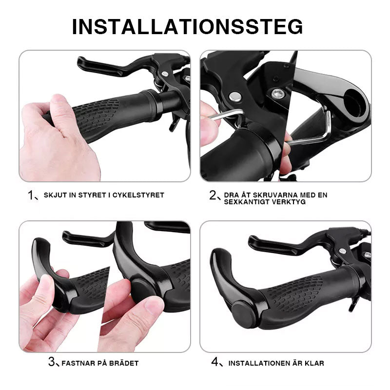 "Svarta antiglid cykelhandtag i TPR gummi med ergonomisk design, mönstrad yta och integrerad aluminiumlegering."