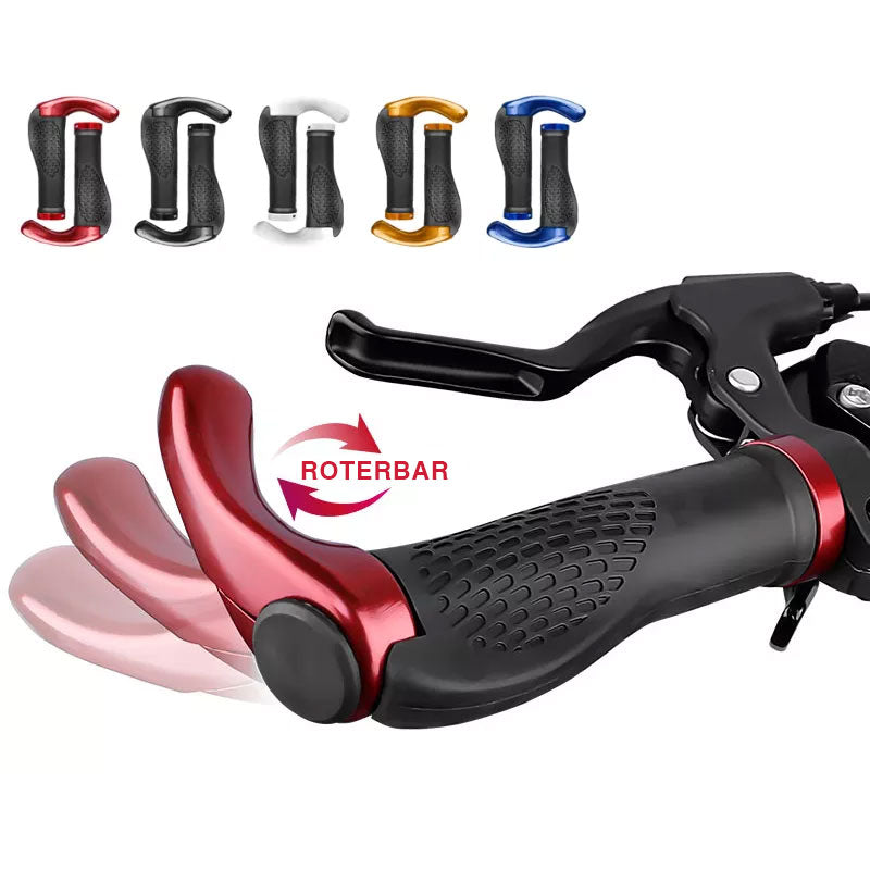 "Svarta antiglid cykelhandtag i TPR gummi med ergonomisk design, mönstrad yta och integrerad aluminiumlegering."