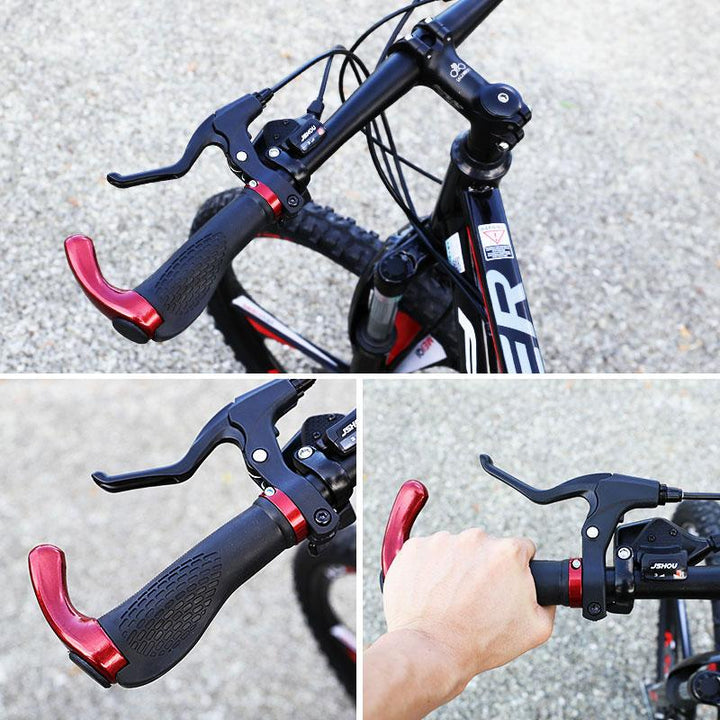 "Svarta antiglid cykelhandtag i TPR gummi med ergonomisk design, mönstrad yta och integrerad aluminiumlegering."