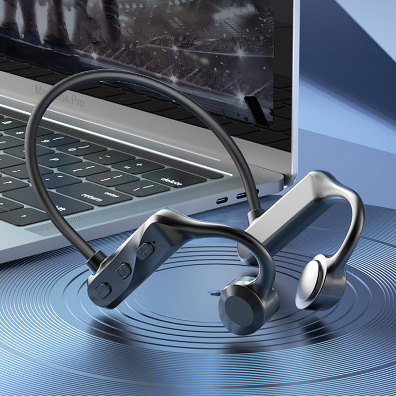 "Svarta benlednings sporthörlurar med Bluetooth, IPX5-vattentät, sidovy, perfekt för träning och vardagsanvändning"