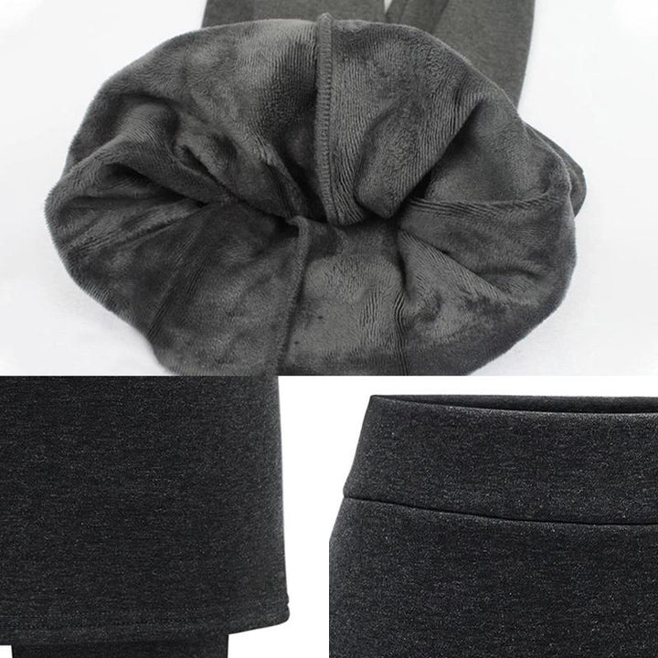 "Svarta fleecefodrade damkjolleggings, elegant och varm design, perfekt för vinterdagar, stilren matchning med stövlar."