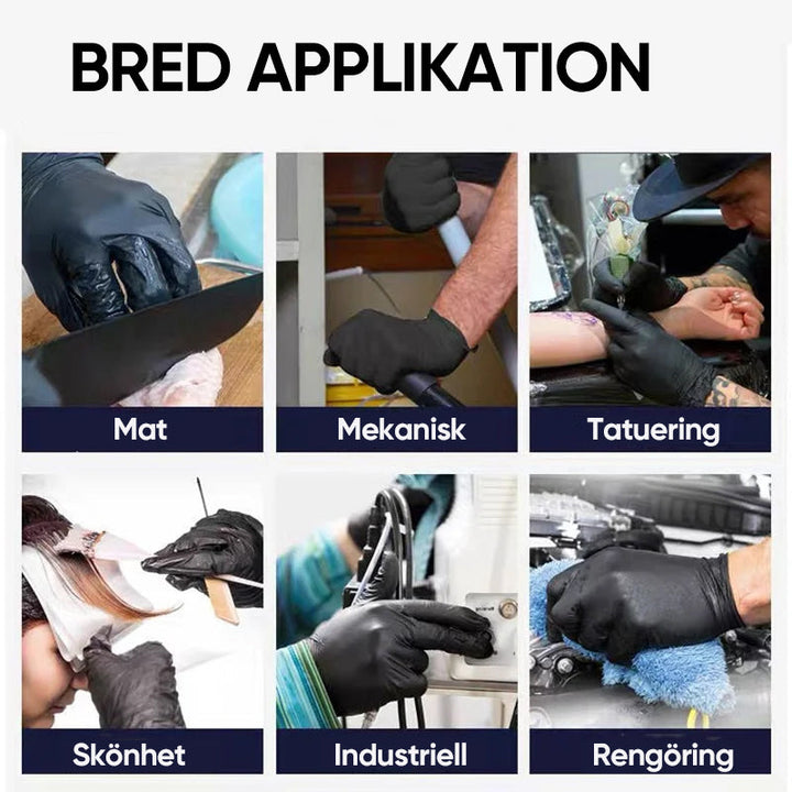 "Svarta nitrilhandskar, engångsbruk, slitstarka och elastiska, skyddar mot vätskor, 100-pack för kök och allmänt bruk."