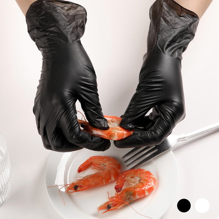 "Svarta nitrilhandskar, engångsbruk, slitstarka och elastiska, skyddar mot vätskor, 100-pack för kök och allmänt bruk."