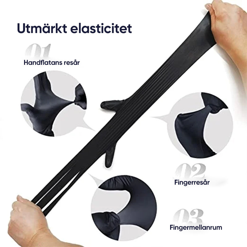 "Svarta nitrilhandskar, engångsbruk, slitstarka och elastiska, skyddar mot vätskor, 100-pack för kök och allmänt bruk."