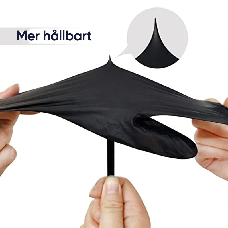 "Svarta nitrilhandskar, engångsbruk, slitstarka och elastiska, skyddar mot vätskor, 100-pack för kök och allmänt bruk."