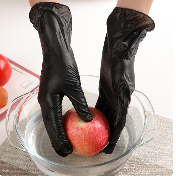 "Svarta nitrilhandskar, engångsbruk, slitstarka och elastiska, skyddar mot vätskor, 100-pack för kök och allmänt bruk."