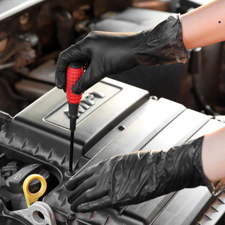 "Svarta nitrilhandskar, engångsbruk, slitstarka och elastiska, skyddar mot vätskor, 100-pack för kök och allmänt bruk."