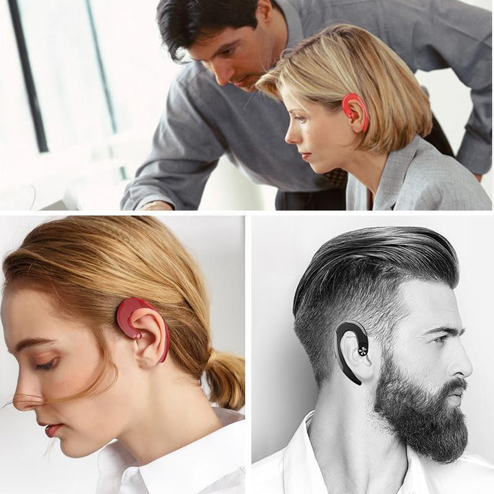 "Svarta trådlösa benledningshörlurar med Bluetooth, lätta och bekväma, passa runt öronen för säker användning."