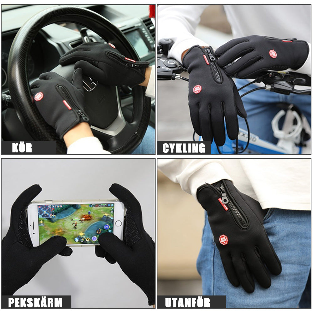 "Svarta vattentäta touchscreen handskar för män och kvinnor, höggrepp, justerbar passform, perfekt för utomhusaktiviteter."