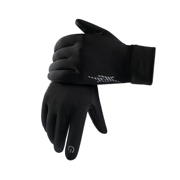 "Svarta vinterhandskar med touchscreen-funktion för män, visar förstärkta fingertoppar och elastiska muddar för komfort."