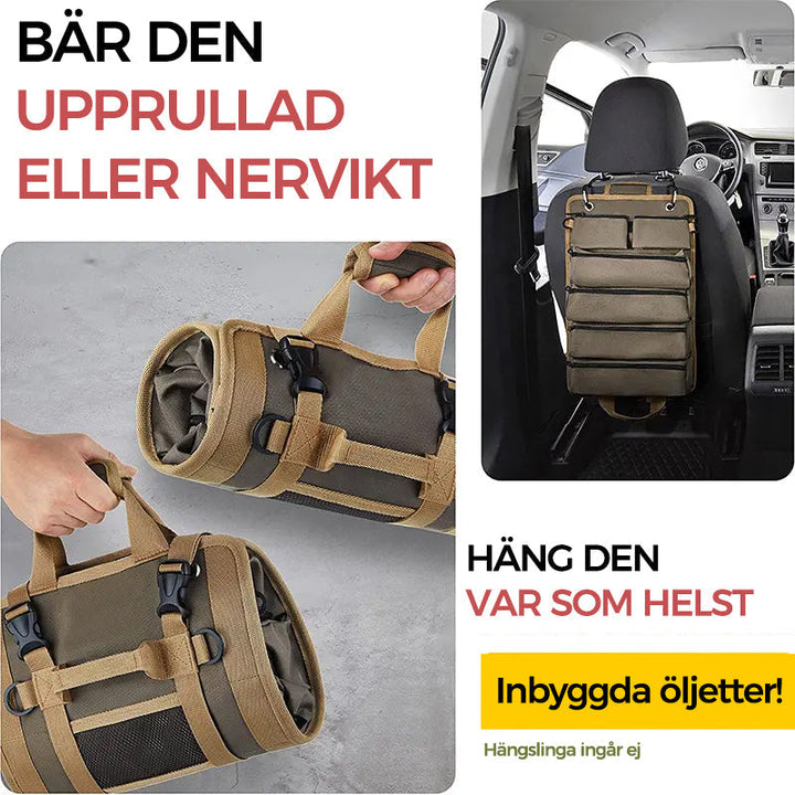 "Svart/kaki/grön verktygsrulle öppen med fack och fickor, oxford tyg, för verktygsförvaring och transport."