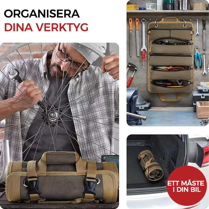 "Svart/kaki/grön verktygsrulle öppen med fack och fickor, oxford tyg, för verktygsförvaring och transport."