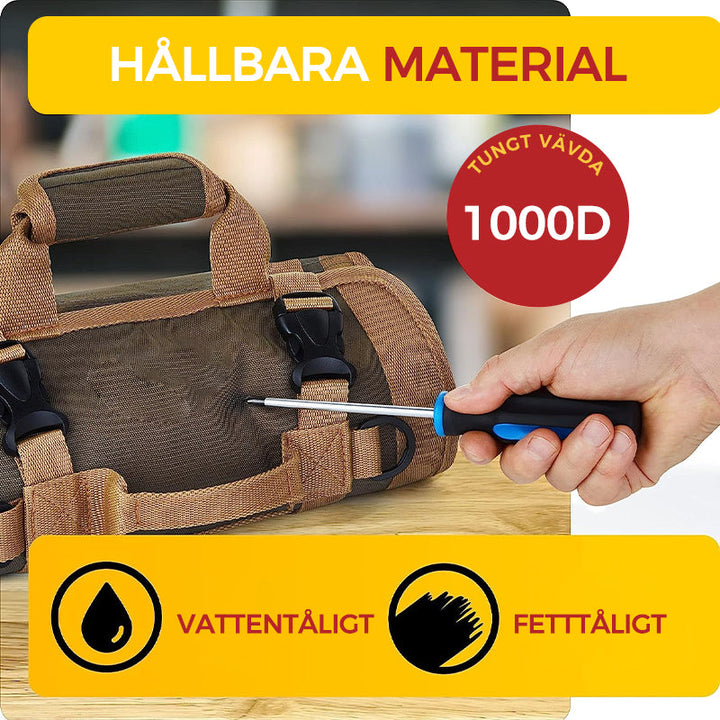 "Svart/kaki/grön verktygsrulle öppen med fack och fickor, oxford tyg, för verktygsförvaring och transport."