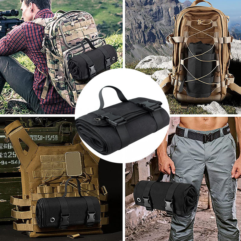 "Svart/kaki/grön verktygsrulle öppen med fack och fickor, oxford tyg, för verktygsförvaring och transport."