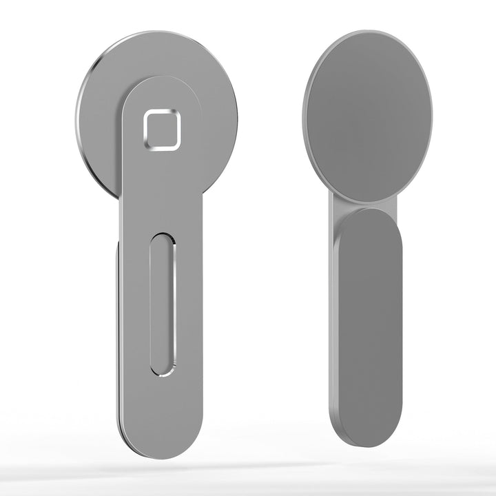 "Svart/silver magnetisk telefonhållare i aluminium monterad på datorskärm, passar smartphones och iPad mini."