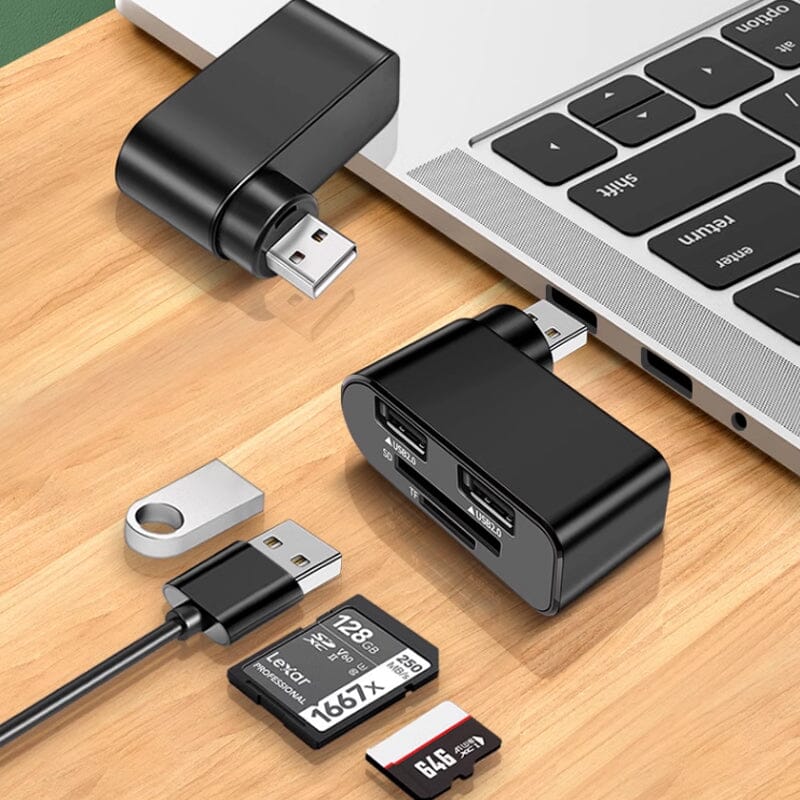 "Svartvit roterbar USB-hubb med 4 portar, idealisk för dator och surfplatta, erbjuder smidig anslutning och 180 graders rotat