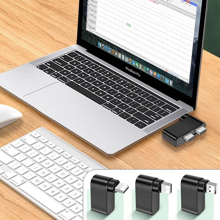 "Svartvit roterbar USB-hubb med 4 portar, idealisk för dator och surfplatta, erbjuder smidig anslutning och 180 graders rotat
