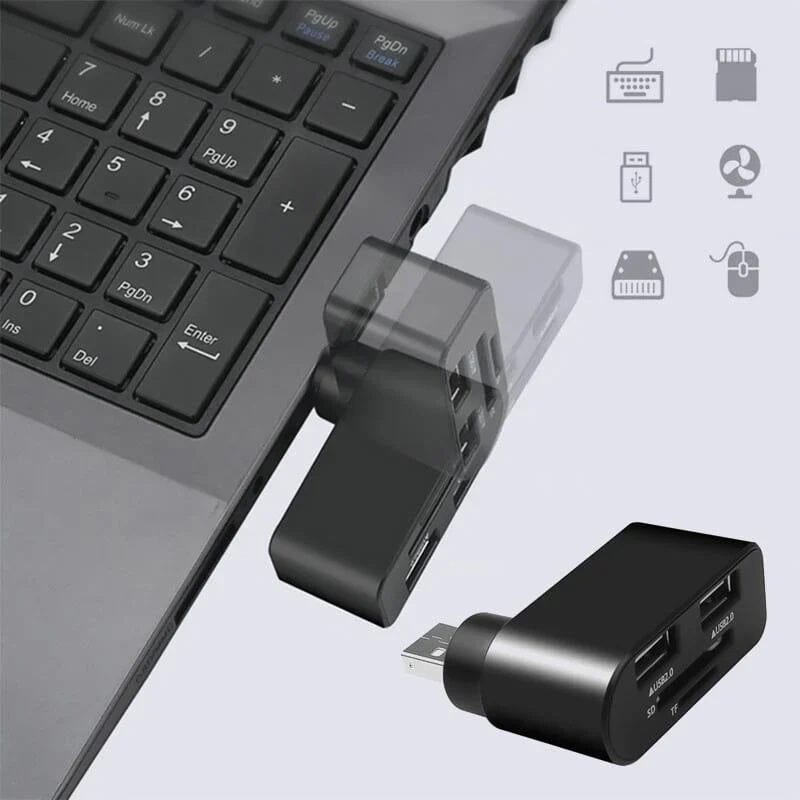 "Svartvit roterbar USB-hubb med 4 portar, idealisk för dator och surfplatta, erbjuder smidig anslutning och 180 graders rotat