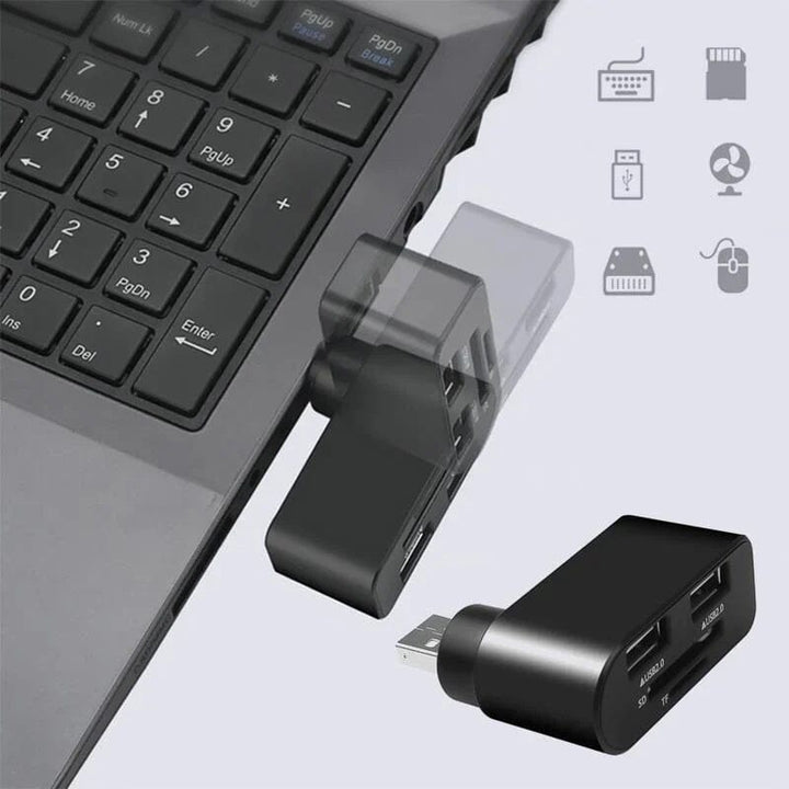 "Svartvit roterbar USB-hubb med 4 portar, idealisk för dator och surfplatta, erbjuder smidig anslutning och 180 graders rotat